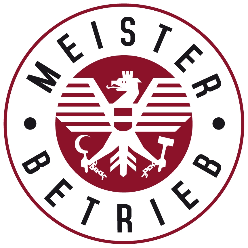Meisterbetrieb-Logo: Im Inneren befindet sich ein roter Kreis mit einem weißen Adler und der Österreich-Flagge, außen steht geschrieben "Meisterbetrieb"